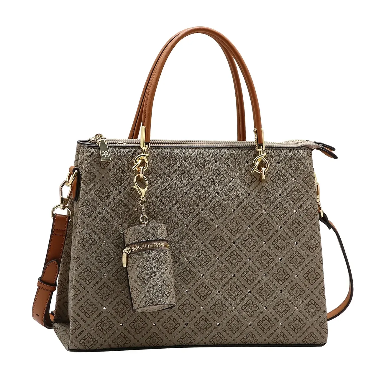 Bolsa tote feminina bege com monograma Chenson e detalhes metálicos dourados vista frontal